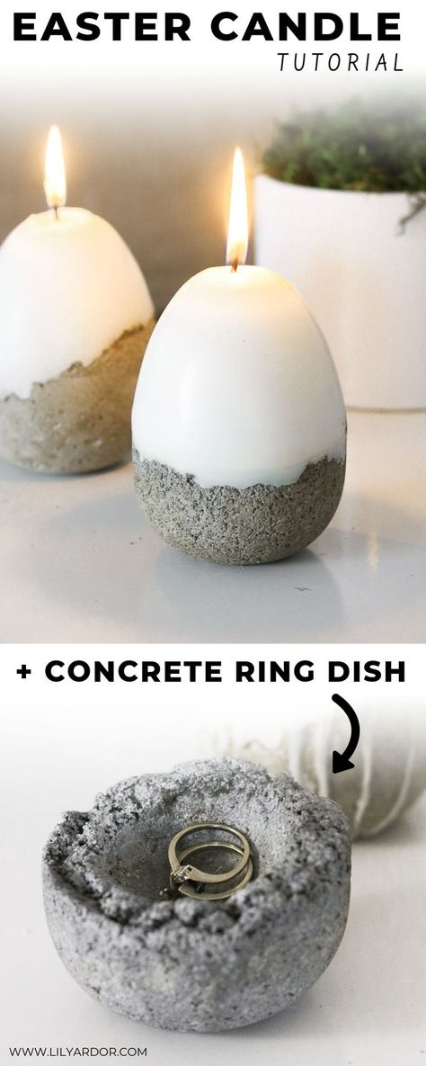 How cool are these Easter Candles that transform into a ring dish once the candle is burnt out. They are easy to make and require dollar store materials. :) Diy Osterschmuck, Candle Tutorial, Cement Candle, Easter Candle, Cement Diy, Concrete Candle, Easter Candles, Diy Event, Diy Concrete