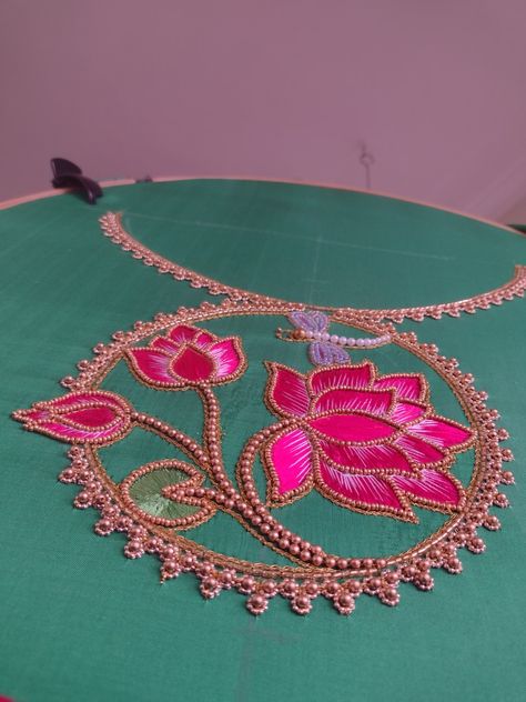 Aari Work Frock Design, Lotus Flower Aari Work Blouse Designs, Lotus Embroidery Design Blouse, Lotus Aari Work Blouse Designs, Lotus Design Aari Work Blouse, Lotus Aari Work, Lotus Embroidery Design, Embroidery Quotes, Hoops Embroidery