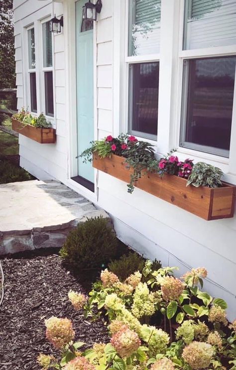 Window Seal Flower Boxes, White House With Flower Boxes, Exterior Window Boxes, Flower Boxes Under Windows, Modern Window Boxes Exterior, Flower Boxes Window, White Cottage Exterior, Painted Garden Sheds, Wood Flower Box