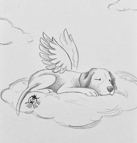 Dog In Heaven Drawing, Dog With Angel Wings Tattoo, Old Dog Drawing, Angel Dog Drawing, Dog With Wings Tattoo, Dog Memorial Drawing, Angel Dog Tattoo, Dog Angel Tattoo, Dog Drawing Funny