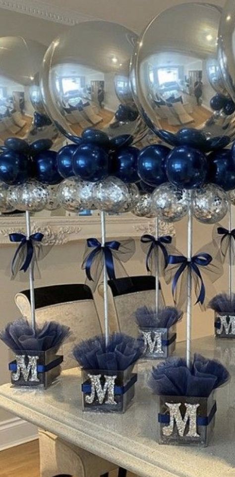 Navy Blue And Silver Sweet 16 Decorations, Blue Black Silver Party Decorations, Sweet 16 Party Ideas Dark Blue, Blue Centerpieces For Party Men, Quince Decorations Blue And Silver, Blue Graduation Party Ideas, Blue Centerpieces For Party, Navy Blue Birthday Party Decorations, Blue Table Decorations