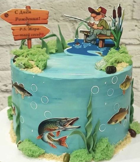 Fishing Theme Cake, Fisherman Cake, Fish Cake Birthday, Drum Cake, Beautiful Cake Designs, Creative Cake Decorating, Creative Birthday Cakes, Fish Cake, Fishing Theme