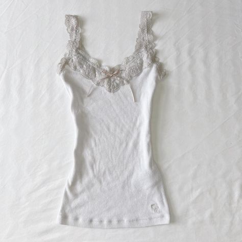 Coquette Abercrombie white and grey lace ribbed tank... - Depop Lacy Tank Tops, White Lace Undershirt, Coquette Shopping, Coquette Tank Top, Lace Undershirt, White Lace Tank Top, Black Wardrobe, Grey Lace, Ribbed Tank Top