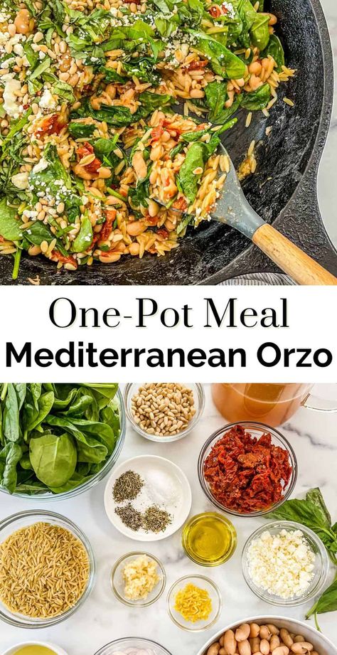 This hearty one-pot orzo with white beans meal is bursting with flavor - from fresh greens to sun-dried tomatoes, this dish has it all! You'll love the Mediterranean flavors combine for a cozy, vegetarian meal. Meditteranean Meal Prep, Healthy Mediterranean Recipes Vegetarian, Instant Pot Mediterranean Recipes, Vegetarian Mediterranean Recipes, Mediterranean Vegetarian Recipes, Vegetarian One Pot Meals, One Pot Orzo, Mediterranean Orzo, Orzo Dishes