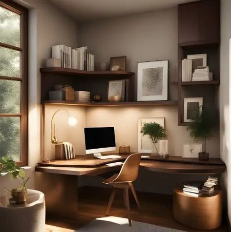 Office Decor Corner Desk, Desk And Library Work Spaces, Modern Corner Office Design, Corner Desk And Shelving, Office Interior Design With Window, Corner Home Office Desk, Home Office With Corner Desk Ideas, Corner Room Office Ideas, Working Corner In Bedroom