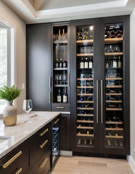 Wine Cooler In Pantry, Wine Closet Ideas Small Spaces, Double Fridge Kitchen, Small Wine Cellar Ideas, Wine Fridge Cabinet, Double Fridge, Fridge Cabinet, Tall Pantry Cabinet, Wine Closet