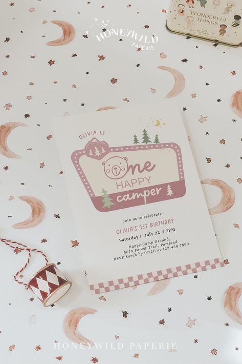 One Happy Camper Girl 1st Birthday Invitation - Girl One Happy Camper First Birthday - Camping Birthday Party Theme,Fully Editable#SU2 Camping Birthday Party Theme, First Birthday Camping, One Happy Camper First Birthday, Camping Theme Birthday Party, Birthday Camping, One Happy Camper, Camping Birthday Party, Girl 1st Birthday, 1st Birthday Invitation