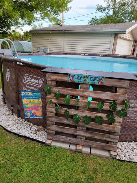 Above Ground Swimming Pools Group | Made a pool side bar today out of a pallet Poolside Bar Above Ground, Pallets Around Above Ground Pool, Pool Side Bar Above Ground, Above Ground Pool Party, Pallet Pool Bar, Pool Side Decorating Ideas, Above Ground Pool Bar, Pool Bar Design, Pool Items