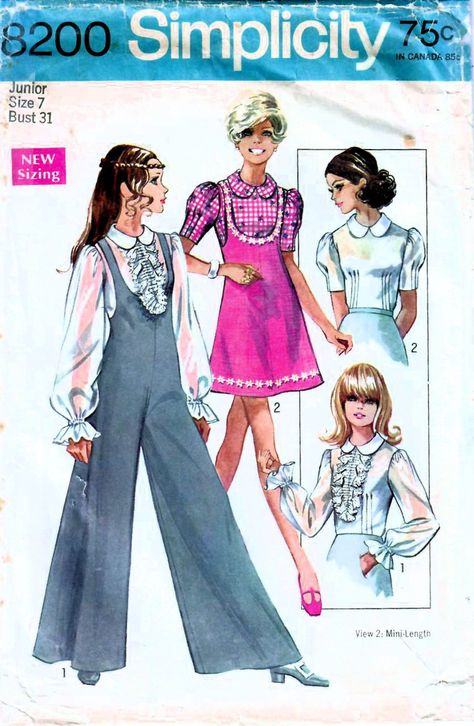 1960s Simplicity 8200 Vintage Sewing Pattern: Palazzo Jumpsuit, Mini Jumper, Blouse, Junior Size 7, Bust 31 60s Jumpsuit, 70s Mode, Jumpsuit Pattern Sewing, Patron Vintage, Vintage Dress Patterns, Jumpsuit Pattern, Blouse Pattern Sewing, Motif Vintage, Womens Sewing Patterns