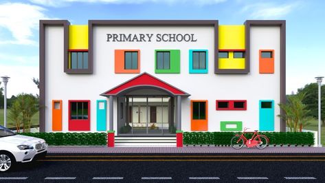 Elevation Design For School, School Building Elevation Design, Primary School Elevation Design, Primary School Plan Architecture, School Front Elevation Design, Kindergarten Elevation, School Elevation Design Architecture, School Building Elevation, Small School Building Design