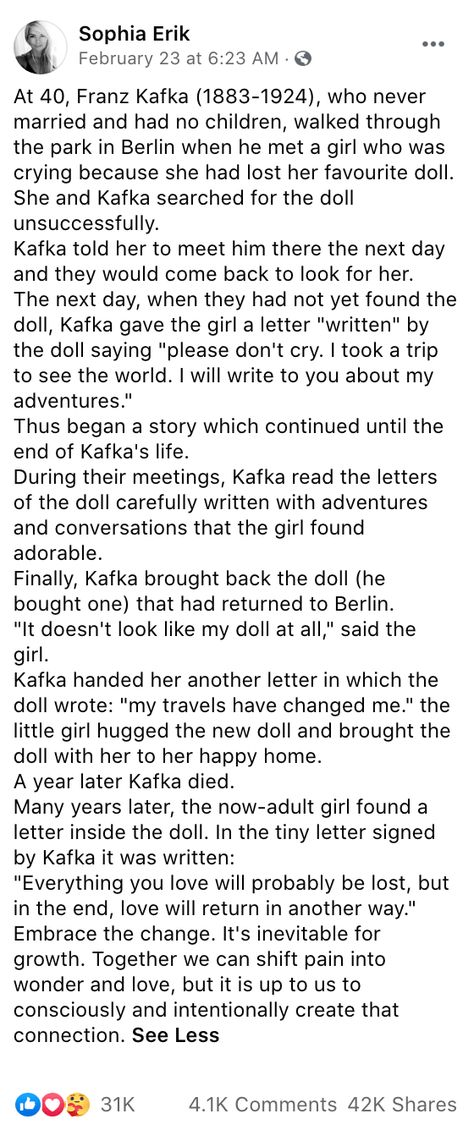 Did Franz Kafka Invent Letters from a Missing Doll to Comfort a Little Girl? | Snopes.com Kafka And The Doll, Kafka Love Letters, Franz Kafka Metamorphosis Quotes, Letters To Felice Kafka, Franz Kafka Love Quotes, Franz Kafka Poetry, Kafka Poems, Franz Kafka Art, Franz Kafka Aesthetic