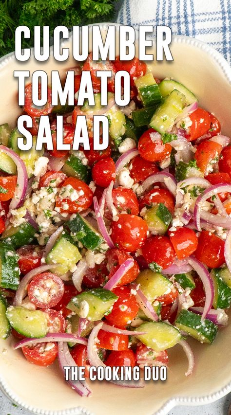 This cucumber tomato salad recipe is as easy and healthy as it is delicious. Crisp cucumber, ripe tomatoes, red onions, and feta cheese are tossed together and then topped with a tangy red wine vinegar vinaigrette for a boost of flavor. Cucumber Tomato Vinegar Salad, Cucumber Tomato Onion Salad Red Wine Vinegar, Tomato And Cucumber Recipes, Cucumber And Tomato Salad With Vinegar, Cucumber Tomato Salad Feta, Cucumber Recipes Easy, Tomato Cucumber And Onion Salad, Feta Cheese Recipes Salad, Cucumber Tomato Onion Salad