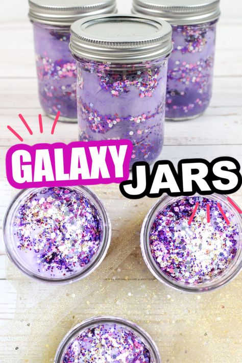 Galaxy Jars Diy For Kids, Nebula Jars, Diy Galaxy Jar, Galaxy Crafts, Galaxy Jar, Diy Galaxy, Indoor Crafts, Fun Indoor Activities, Kid Friendly Crafts