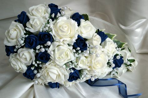 Teardrop Wedding Bouquet, Ivory and Navy Blue Roses with pearls | eBay White And Navy Bouquet, White And Navy Bridal Bouquet, Navy Blue And Grey Wedding Bouquets, White And Navy Bridesmaid Bouquet, Navy Blue And Silver Wedding Bouquets, Navy Blue Wedding Decorations, Blue Wedding Guest Dresses, Royal Blue Wedding Theme, Mums Wedding