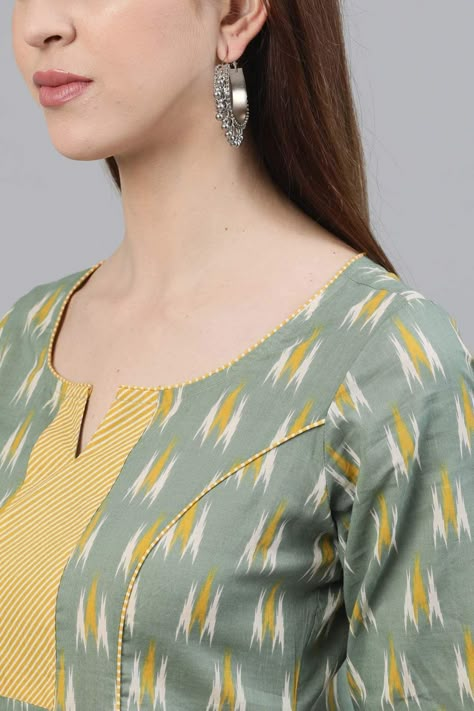 Cotton Kurta Set Women Ikat Kurta Designs Latest, Ikat Kurta Designs, Ikkat Kurta Designs, Salwar Neck Designs, Churidar Neck Designs, Green Ikat, Kurta Patterns, Kurta For Women, Long Kurta