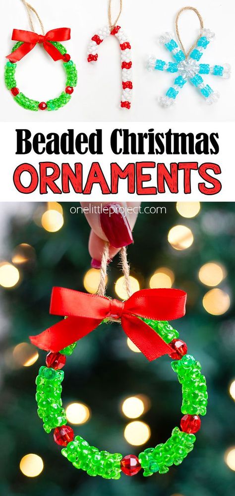 These beaded Christmas ornaments are SO PRETTY and really easy to make! Use pipe cleaners and beads to make these kid friendly DIY ornaments at school or home. Follow our tutorial to make wreath, candy cane, and snowflake tri-bead ornaments. They look so pretty hanging on the Christmas tree! Christmas Crafts Candy Canes, Tri Beads Crafts Projects, Pipe Cleaner Wreath Ornament, Beaded Christmas Ornaments Diy Tutorials, Diy Candy Christmas Ornaments, Christmas Diy Ornaments For Kids, Bead Making Ideas, Christmas Perler Bead Ideas, Christmas Classroom Crafts