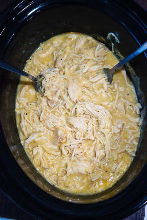 Slow Cooker Chicken and Gravy - the ultimate easy crockpot comfort meal. Just dump everything in the slow cooker and let it do all the work. The result is tender melt-in-your-mouth chicken with a creamy savory gravy! Crock Pot Creamed Chicken, Chicken And Gravy Crockpot No Soup, Crockpot Chicken And Gravy With Ranch Packet, Slow Cooker Turkey And Gravy, Shredded Chicken Gravy Crockpot, Creamed Chicken Over Biscuits Crockpot, Cream Of Chicken In Crock Pot, Crockpot Chicken Cream Of Chicken Soup, Cream Chicken Crockpot Recipes