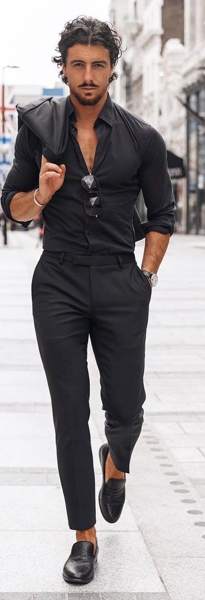 Mobster Fashion Men, Men In Black Suits Classy, Male Villan Outfit, Fancy Men’s Outfits, Male Mafia Outfit, Lucifer Outfits Men, Black Formal Wear For Men, Black Formal Wear Men, Black Dinner Outfit Men