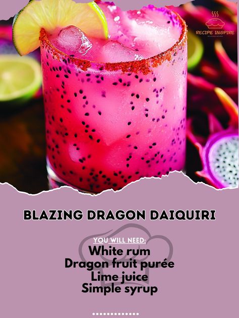 🐉 Unleash the fire with Blazing Dragon Daiquiri—a cocktail that’s as fierce as it is refreshing! 🍸 #DragonDaiquiri #BlazingCocktails Blazing Dragon Daiquiri Ingredients: White rum (1.5 oz) Dragon fruit purée (1 oz) Lime juice (1 oz, freshly squeezed) Simple syrup (1/2 oz) Chili powder (pinch) Dragon fruit slice (for garnish) Instructions: Combine white rum, dragon fruit purée, lime juice, and simple syrup in a shaker with ice. Shake vigorously and strain into a chilled glass. Dust with a ... Dragon Fruit Drinks, Fruit Simple Syrup, Dragon Cocktail, Dragon Fruit Drink, Gin Drinks, Mixed Drinks Alcohol, Yummy Alcoholic Drinks, Sweet Cocktails, Rum Drinks