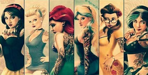 Love the bad girl look on these lovely princesses Punk Disney Characters Princess Gone Bad, Princess Gone Bad, Dark Disney Tattoo, Side Tat, Disney Punk, Tattoo Disney, Girl Power Tattoo, Alternative Disney Princesses, Disney Princess Tattoo