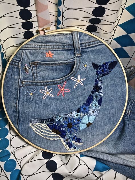 Blue Embroidery Ideas, Embroidery On Blue Fabric, Ocean Embroidery Ideas, Embroidery On Jeans, Whale Embroidery, Ocean Hand Embroidery, Ocean Embroidery, Shark Embroidery, Whale Embroidery Pattern