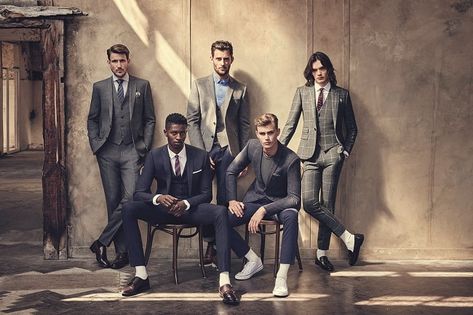 The Moss Bros Autumn/Winter 2016 men's tailoring collection is dubbed Suited and Rebooted and features classic suit designs. Group Shot Photography, Group Photo Poses, Group Picture Poses, Band Photoshoot, Moss Bros, Group Photography Poses, Group Poses, Corporate Portrait, Band Photography