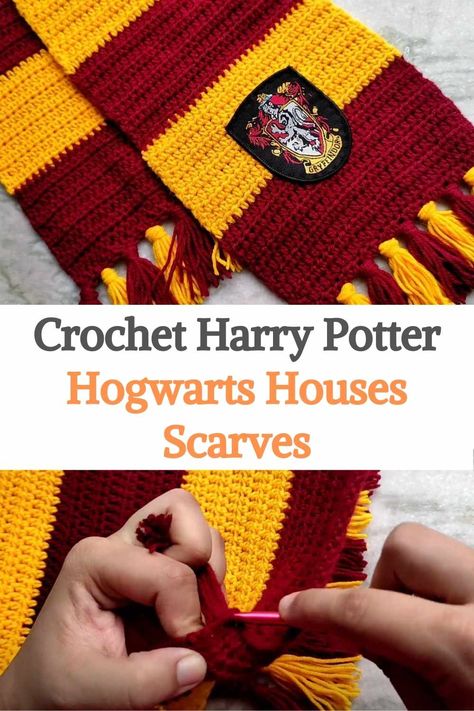 Crochet Hufflepuff Scarf Free Pattern, Crochet Harry Potter Scarf Pattern Free, Hogwarts Scarves Crochet, Harry Potter House Crochet, Hogwarts Crochet Patterns Free, Harry Potter House Scarf Crochet, How To Crochet Harry Potter Scarf, Gryffindor Crochet Scarf, Harry Potter Scarf Crochet Pattern Free