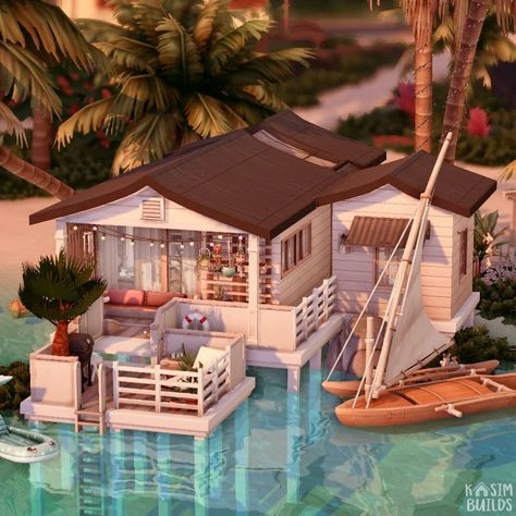 Small House Beach, House Near The Beach, Sims 4 Houses Beach, Sims 4 Island House Floor Plans, Sims Small House Ideas, Sims 3 Beach House, Sims Design, Sims 4 Beach House Base Game, Vacation Home Sims 4