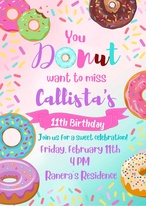 Donut Birthday Invitations, Donut Invitation Template, Candyland Birthday Party Invitations, Donut Party Invitation, Cupcake Party Invitations, Donut Cakes, Candyland Invitations, Donut Birthday Party Invitations, Donut Theme Party