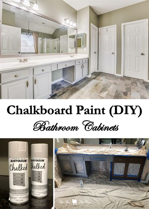 How I re-painted and upgraded my 20 year old builder cabinets from chocolate brown to aged gray with Rust-oleum Chalked chalkboard spray paint in a half day and under $25. Rustoleum Chalk Paint Kitchen Cabinets, Spray Painting Cabinets, Chalk Paint Bathroom Cabinets, Diy Bathroom Cabinets, Rustoleum Chalked Spray Paint, Chalkboard Paint Diy, Spray Paint Kitchen Cabinets, Rv Bathrooms, Spray Paint Cabinets