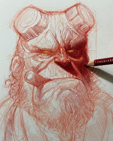 Red Pen Sketch, Colored Pencil Drawing Ideas, Pen Sketch Ideas, Hellboy Art, Pencil Drawing Ideas, Color Pencil Sketch, Pen Art Work, Pen Art Drawings, Thanks A Lot