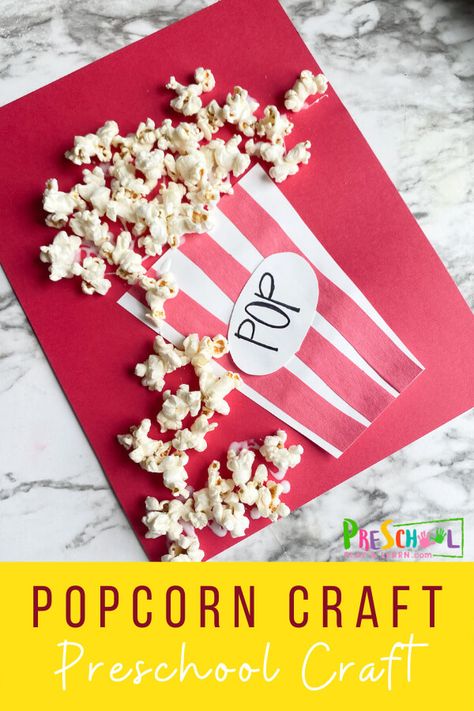 Carnival Crafts Preschool Art Projects, Letter P Popcorn Craft, Popcorn Projects For Kids, Popcorn Preschool Craft, Popcorn Arts And Crafts, Popping Into Kindergarten, Movie Preschool Activities, Popcorn Craft Ideas, Popcorn Art Preschool