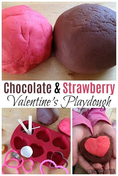 Valentine's Chocolate and Strawberry Playdough Strawberry Playdough Recipe, Valentine Sensory Bin Toddlers, Valentine Sensory Bin Preschool, Valentines Sensory Activities, February Sensory Bin, Chocolate Playdough Recipe, Valentines Sensory Bin, Valentines Playdough, Valentine Sensory Bin