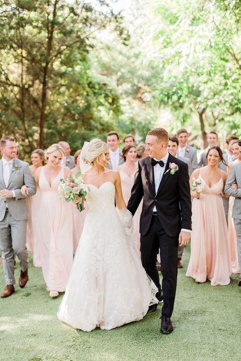 light pink and gray wedding, black tie wedding, walking, summer wedding Pink Gray And Gold Wedding, Gray And Pink Groomsmen Attire, Grey And Light Pink Wedding, Dusty Pink And Gray Wedding, Black Tux With Light Pink Tie, Blush And Light Grey Wedding, Summer Wedding Bridal Party Attire, Groomsmen Attire Pink Wedding, Light Pink Bridesmaid Dresses With Groomsmen