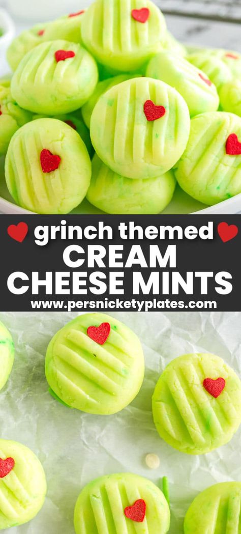 Cream Cheese Mints Christmas, Christmas Soft Mints, Peppermint Sugar Cookies With Cream Cheese Frosting, Grinch Christmas Candy, Gnome Cookies With Strawberries, Cream Cheese Mint Wreaths, Grinch Mint Cookies, Snowball Grinch Cookies, Grinch Kiss Blossoms