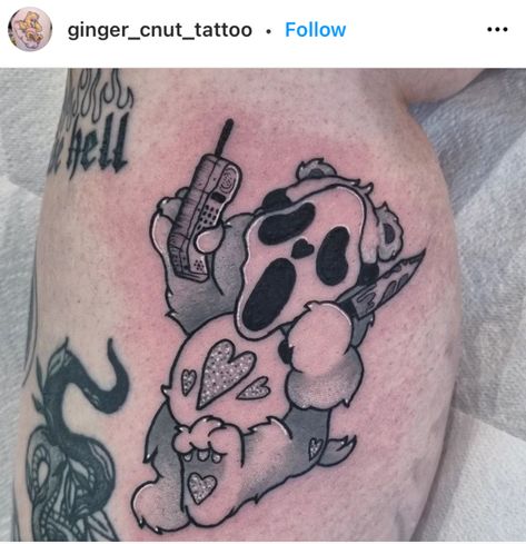 Scare Bear Tattoo, Evil Care Bear Tattoo, Goth Care Bear Tattoo, Creepy Color Tattoos, Creepy And Cute Tattoo, Spooky Patchwork Sleeve, Kawaii Back Tattoo, Halloween Tattoos Cute, Spooky Aesthetic Tattoo