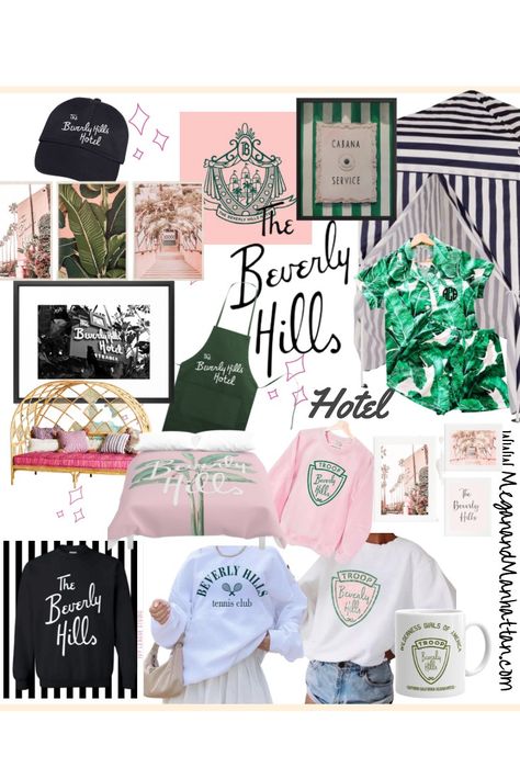 Bring the Beverly Hills Hotel Glamour Aesthetic to your Home & Wardrobe - Megan Quist | Megan & Manhattan Hotel Theme Party Ideas, Beverly Hills Hotel Aesthetic, Beverly Hills Hotel Party, Beverly Hills Hotel Pool, Striped Pool, Hotel Theme, Summertime Aesthetic, Glamour Aesthetic, Hotel Aesthetic