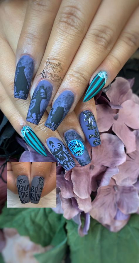 Halloween Nails Disney nails The Haunted Mansion Disney Haunted Mansion Nail Art, Haunted Mansion Nails Art, Haunted Mansion Nails Disney, Disney Halloween Nail Art, Hades Nails, Spooky Disney Nails, Haunted Mansion Nails, Fall Disney Nails, Halloween Disney Nails