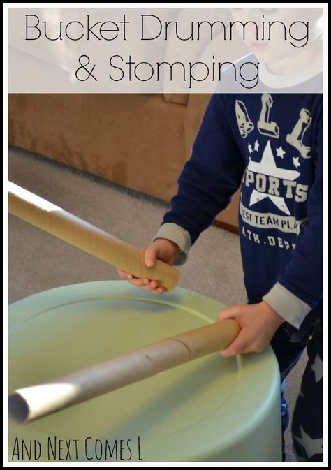 Bucket drumming and stomping from And Next Comes L - a simple music activity that will get kids active! Bucket Drumming, Music Activity, Music Activities For Kids, Drums For Kids, Gross Motor Activity, Music Camp, Music Lessons For Kids, Music Lesson Plans, Preschool Music