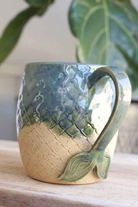 Mermaid Mug, Ceramics Pottery Mugs, Mermaid Mugs, Handmade Mermaid, Beginner Pottery, Sculptures Céramiques, Pottery Handbuilding, Keramik Design, Slab Pottery