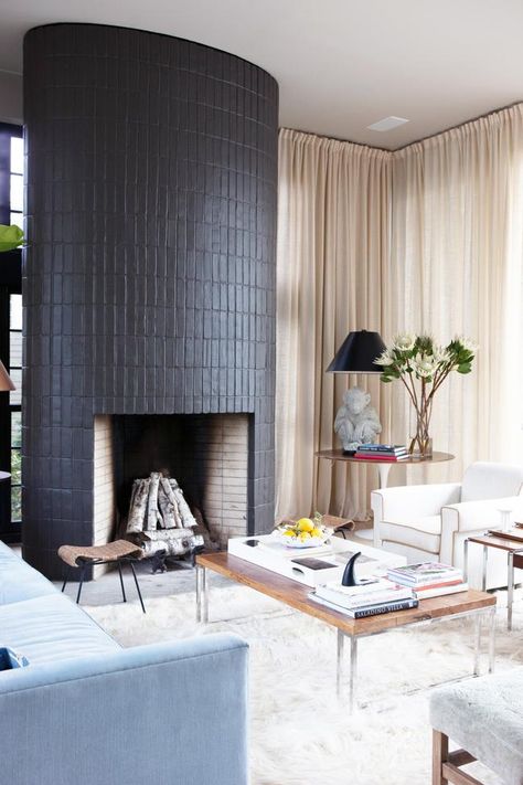 Curved Fireplace, Portfolio Project, Black Fireplace, Weekend House, Vogue Living, Black Tiles, Modern Fireplace, Brick Fireplace, Fireplace Design