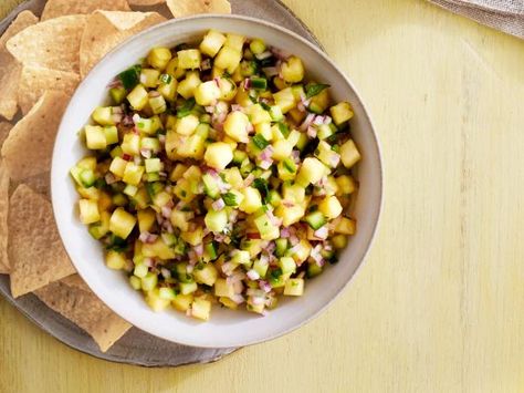 Pineapple-Cucumber Salsa ( Katie Lee Biegel ) Sides For Fish Tacos, Cucumber Salsa Recipe, Tropical Recipes, Katie Lee Biegel, Pineapple Cucumber, Taco Side Dishes, Pineapple Salsa Recipe, Cucumber Salsa, Mexican Flavors