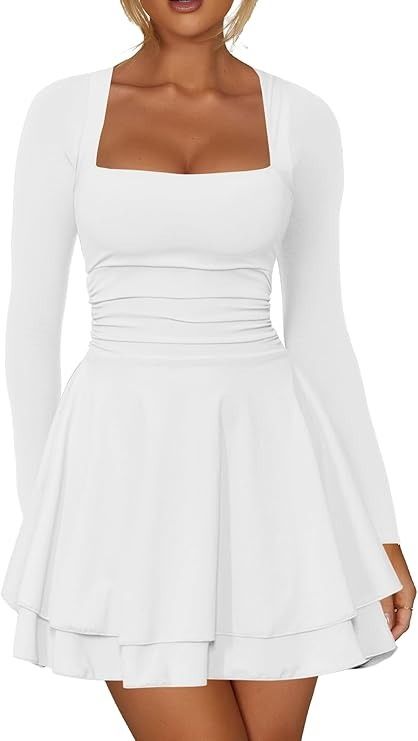 Amazon.com: Kaximil Women's Square Neck Ruffle Hem Mini Dress Ruched Waist Long Sleeve Corset Short Party Dresses, Medium, White : Clothing, Shoes & Jewelry Corset Dress Long Sleeve, Square Neck White Dress, Long Sleeve White Dress Short, Short Corset Dress, Long Sleeve Corset, Short Party Dresses, Chic Winter Outfits, White Clothing, Trendy Outfits Winter