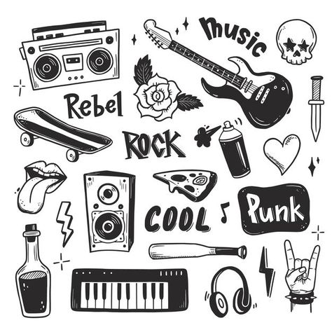 Punk Doodles, Rock And Roll Tattoo, Rock N Roll Tattoo, Rockstar Tattoo, Music Doodle, Drawing Rocks, Punk Tattoo, Rock Tattoo, Quotes Music