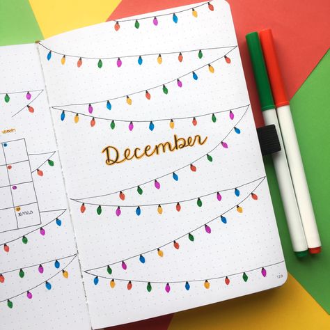 december christmas lights bullet journal theme #bujo #bujoideas #bulletjournal #bulletjournaling #bulletjournalideas Christmas Bujo Cover, Christmas Lights Bullet Journal, December Bujo Calendar, December Doodles Bullet Journal, Bujo December Theme, Christmas Journal Cover, Bujo Christmas Theme, December Journal Page, December Cover Page Bullet Journal