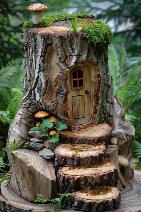 Using pots and containers for flexible, portable plant arrangements. Log Fairy House Tree Stumps, Wood Log Projects, Tree Stump Decor, Large Fairy Garden, Tiny Garden Ideas, Log Projects, Plant Arrangements, Fairy Tree Houses, Fairy House Crafts