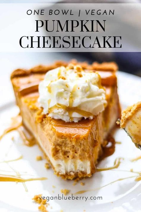 This easy vegan pumpkin cheesecake recipe takes just one bowl and a few minutes to whip up. Mix, bake, chill and serve! Perfect for a make-ahead Thanksgiving dessert! Tastes so fabulous that no one would every guess that it is dairy-free and healthy! Nut-free too! #veganrecipes Vegan Pumpkin Cheesecake Recipe, Double Layer Pumpkin Cheesecake, Vegan Pumpkin Cheesecake, Pumpkin Vegan, Layered Pumpkin Cheesecake, Cheesecake Vegan, Pumpkin Cheesecake Recipes, Vegan Holiday, Vegan Thanksgiving Recipes