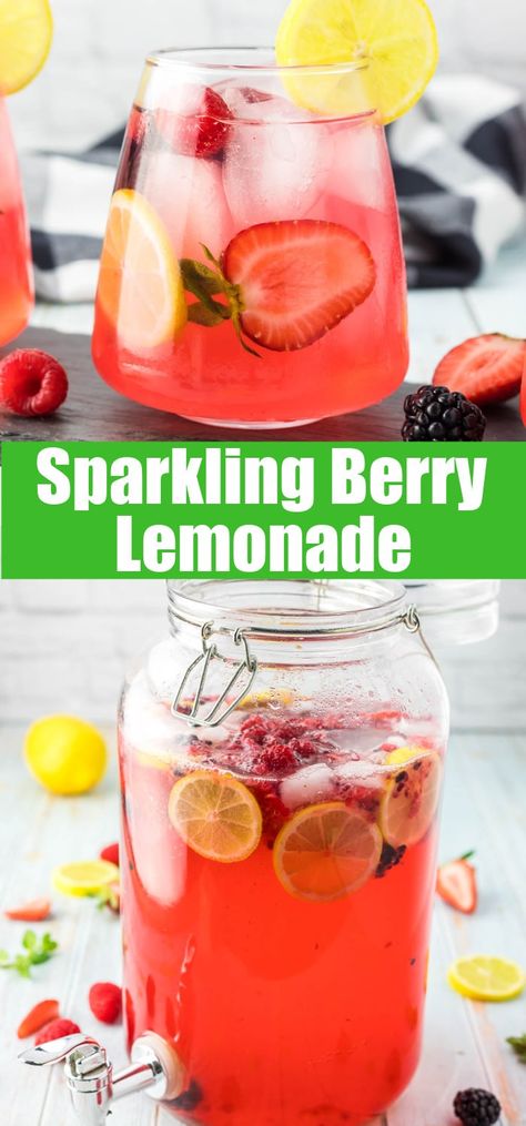 Sparkling Berry Lemonade - Use some of those fresh summer berries to make a sweet, tart, and refreshing lemonade! Plus add use sparkling water to make it fizzy! Berry Lemonade Punch, Berry Lemonade, Sparkling Lemonade, Blueberry Juice, Blueberry Lemonade, Blueberry Crumble, Delicious Drink Recipes, Kid Drinks, Party Punch