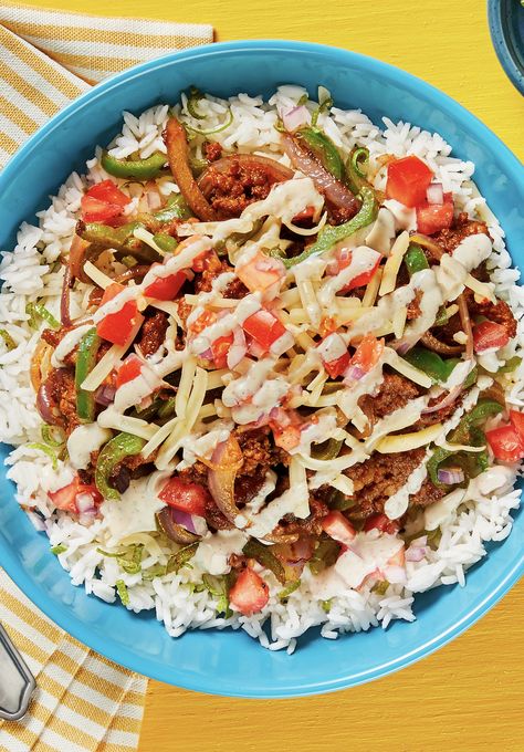 Easy pork rice bowl recipe with fresh veggies and jasmine rice | More recipes on www.HelloFresh.com Hello Fresh Burrito Bowl, Tex Mex Bowls Chicken, Hello Fresh Pork Bowl, Hello Fresh Rice Bowl, Hello Fresh Bowls, Hello Fresh Bowl Recipes, Hello Fresh Pork Recipes, Chefs Plate Recipes, Easy Hello Fresh Recipes