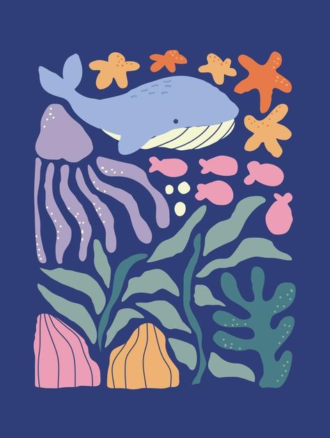 Matisse art background vector. Abstract natural hand drawn pattern design with sea, ocean, whale, coral. Simple contemporary style illustrated Design for fabric, print, cover, banner, wallpaper., wallpaper, #Sponsored, #banner, #art, #Ad Cartoon Ocean Animals, Banner Wallpaper, Ocean Whale, Ocean Illustration, Sketch Study, Whale Illustration, Banner Art, Coral Pattern, Children Book Illustration